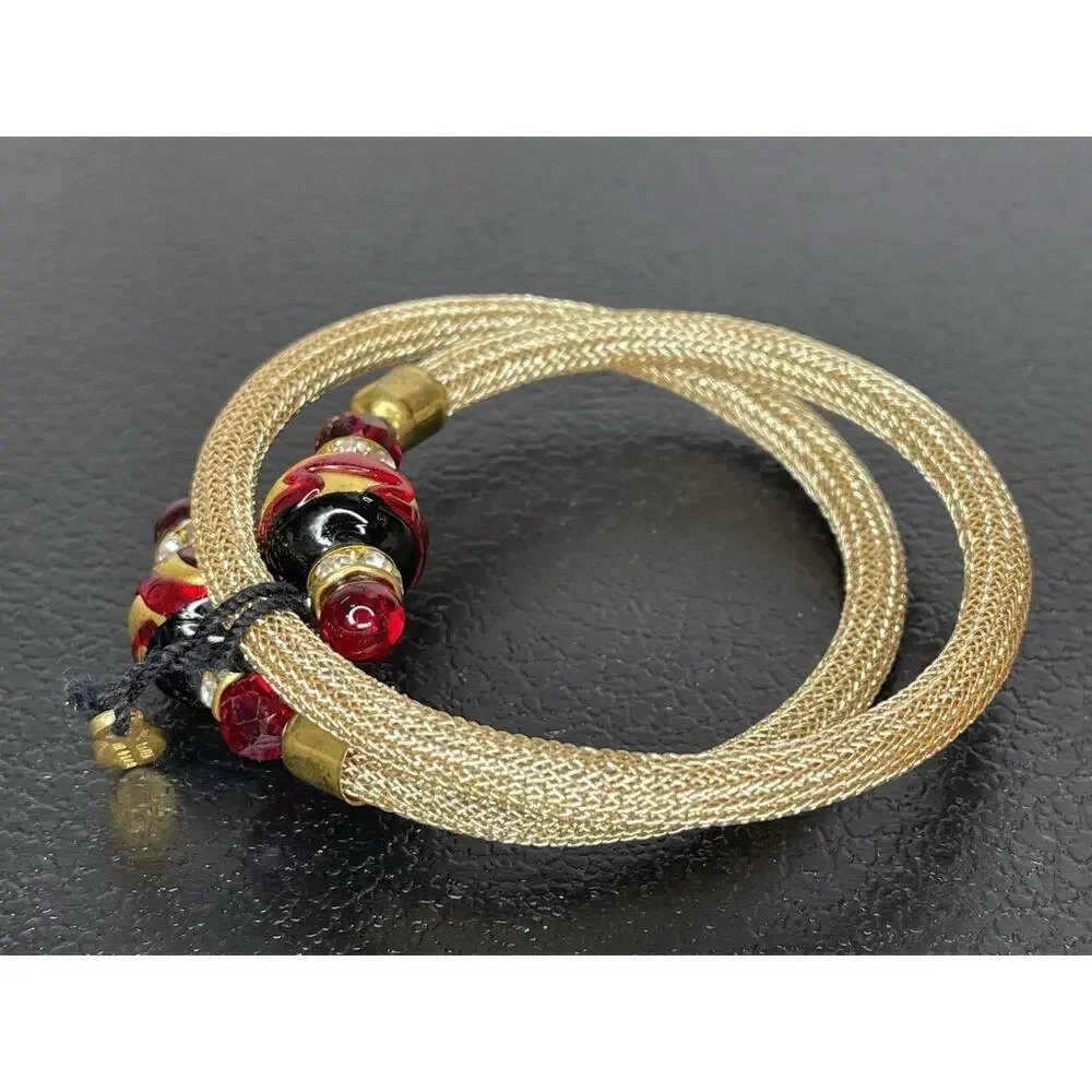 Vintage Stauer Murano Gold Mesh Wrap Bracelet Red Glass Beads Signed Italy